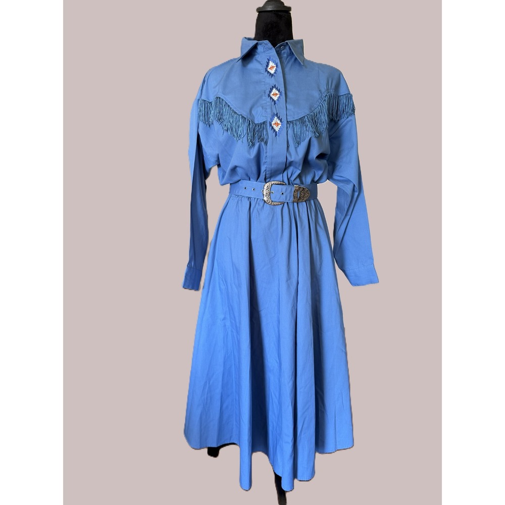 Handmade Western Fringe Dress Blue Embroidered Cowgirl Midi Belted USA Small